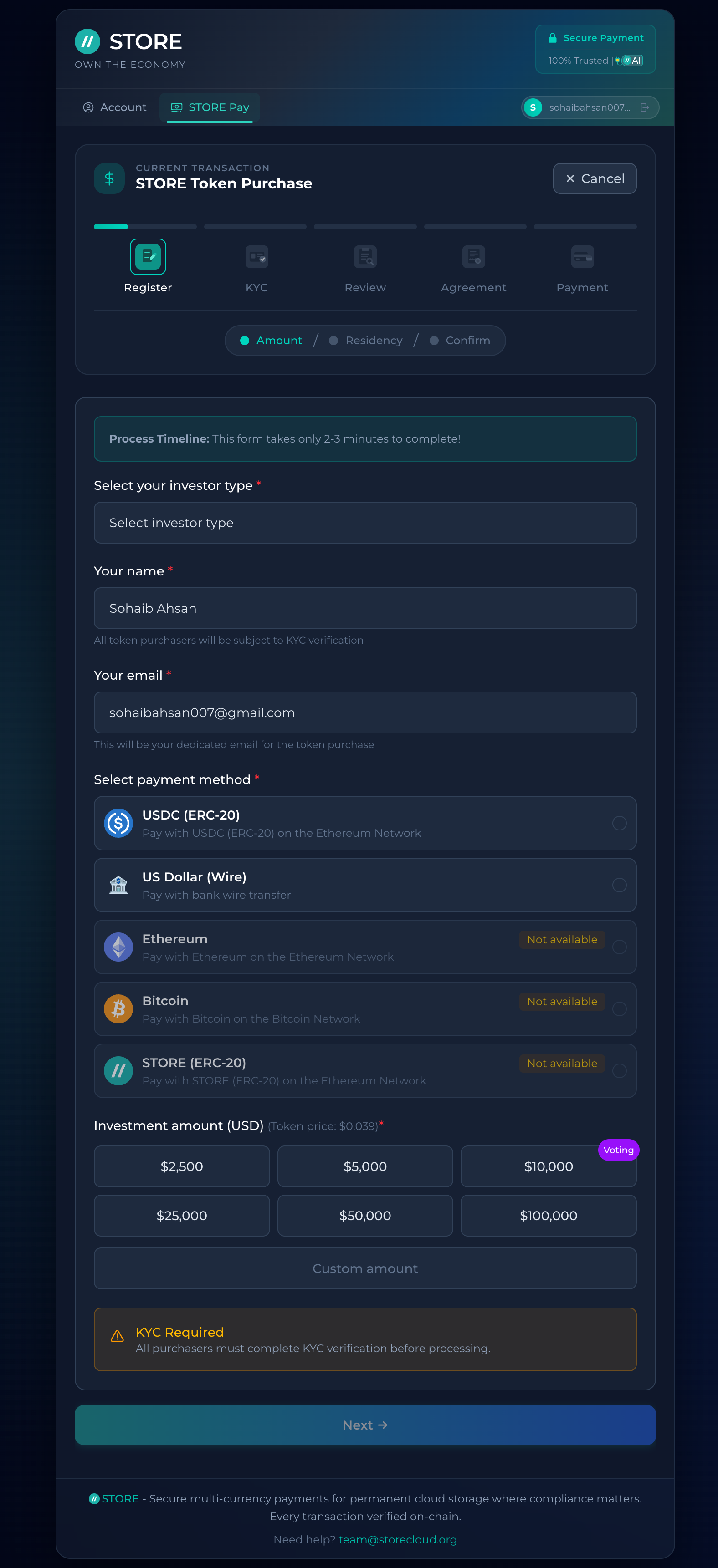 STORE Pay Register - Choose your amount and payment method