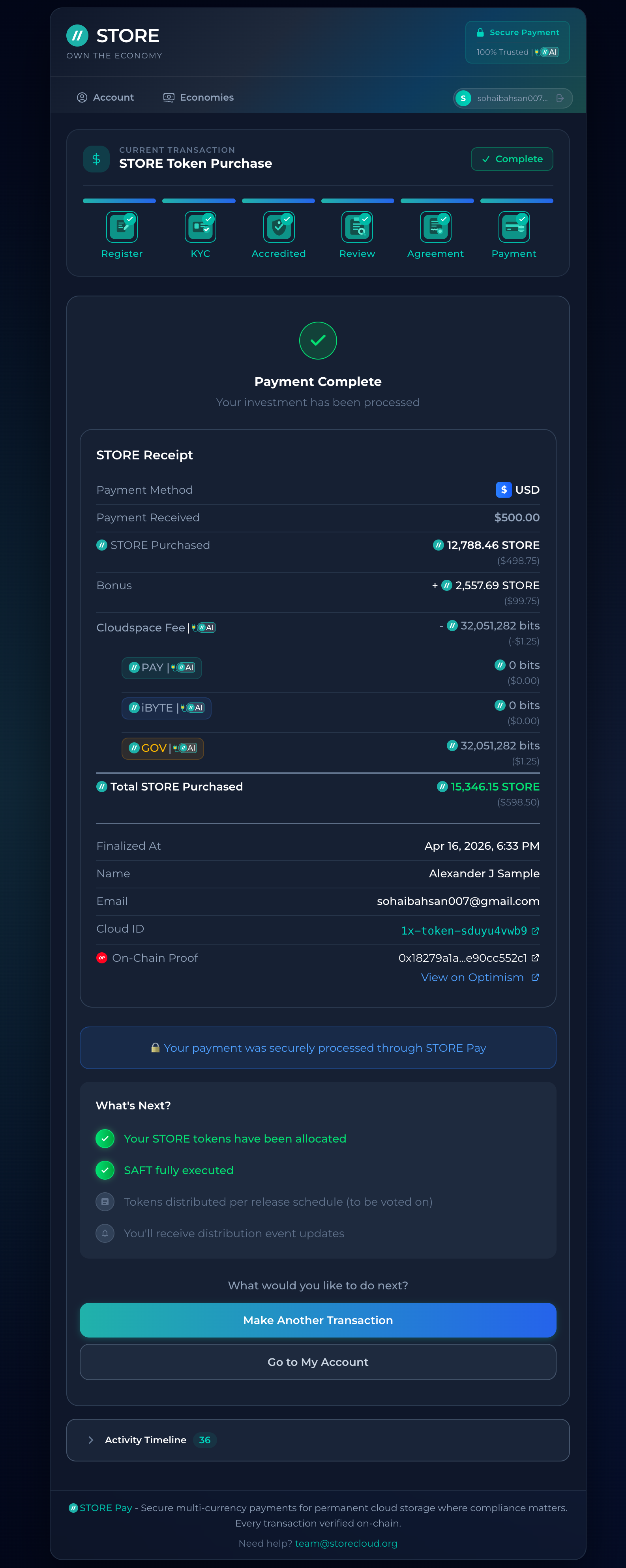 STORE Pay post-transaction - create your account, make another transaction, or go to your account