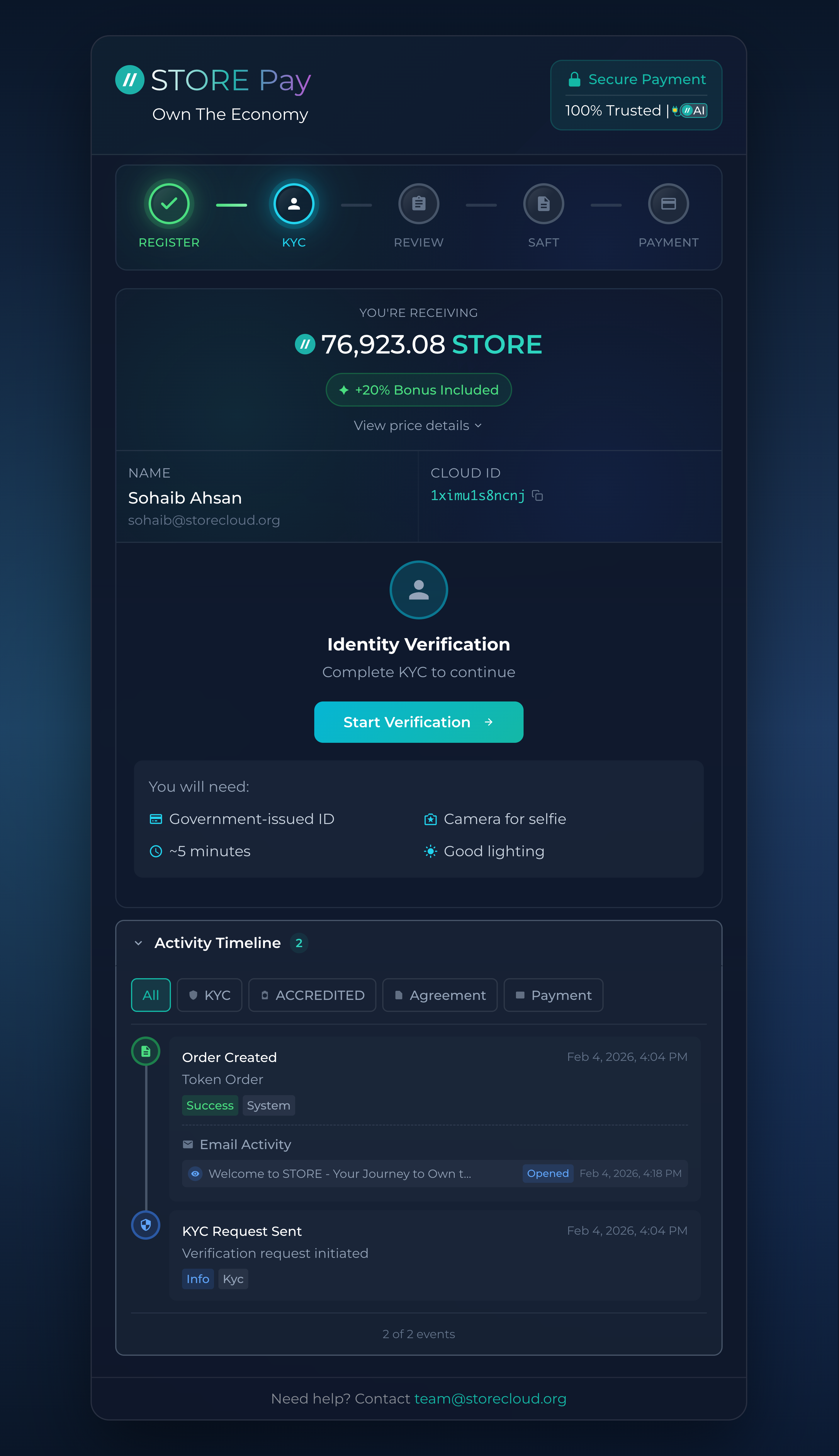 STORE Pay KYC - Identity verification with guided progress tracker