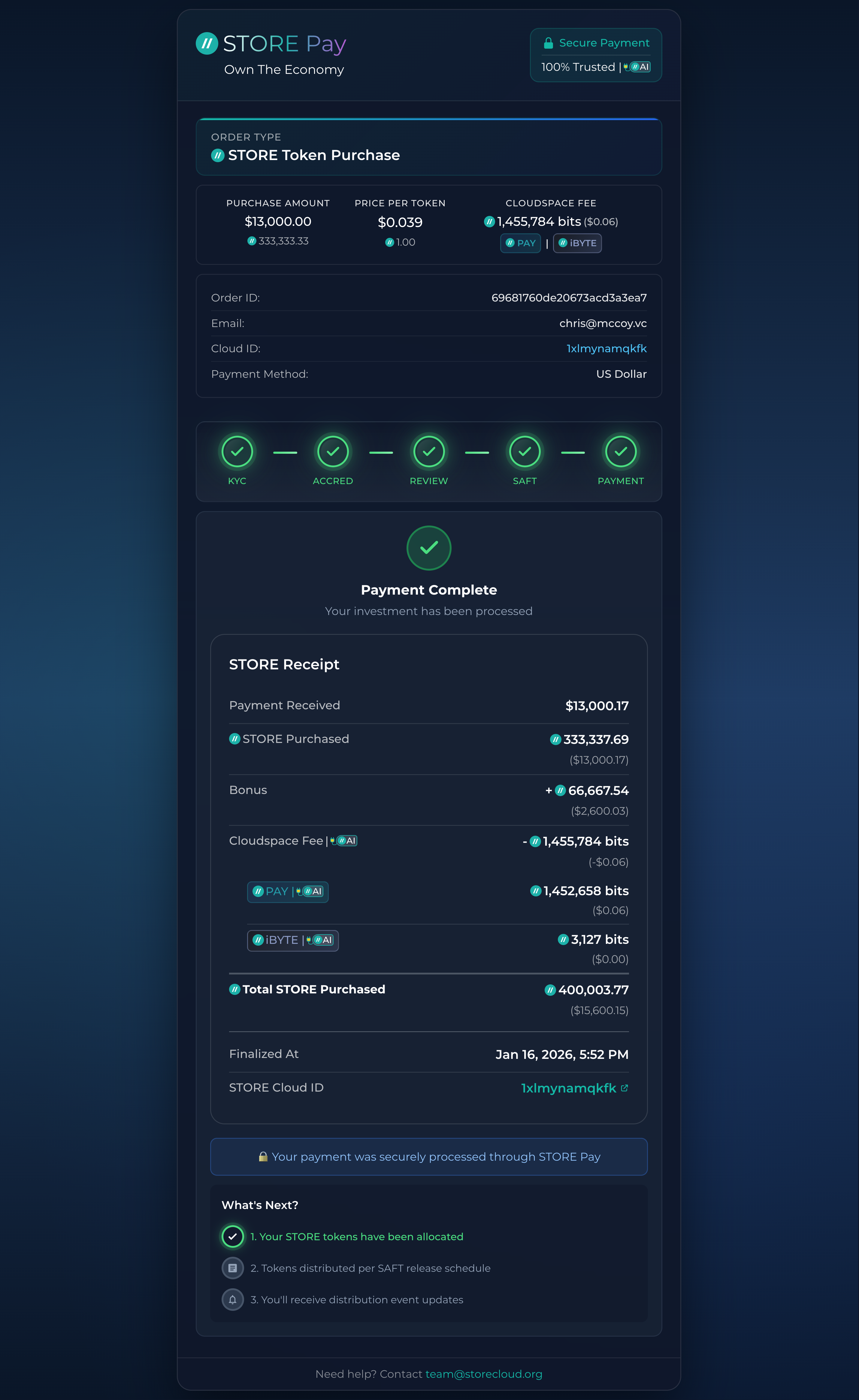STORE Pay Payment Complete - Full receipt with token breakdown and on-chain proof